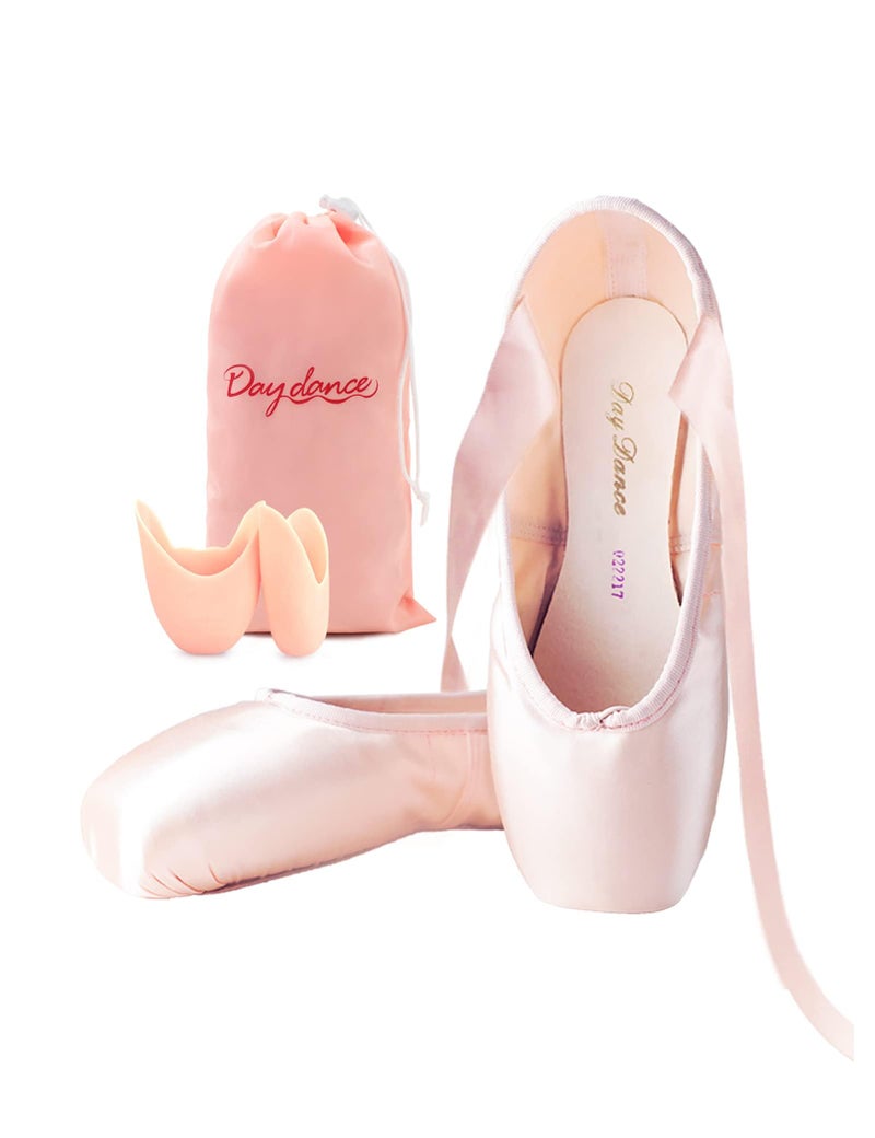 Daydance Women's Ballet Pointe Shoes Pink Ribbon Ballerina Shoes with Silicone Toe Pads (Light Pink, 9) - Image 1